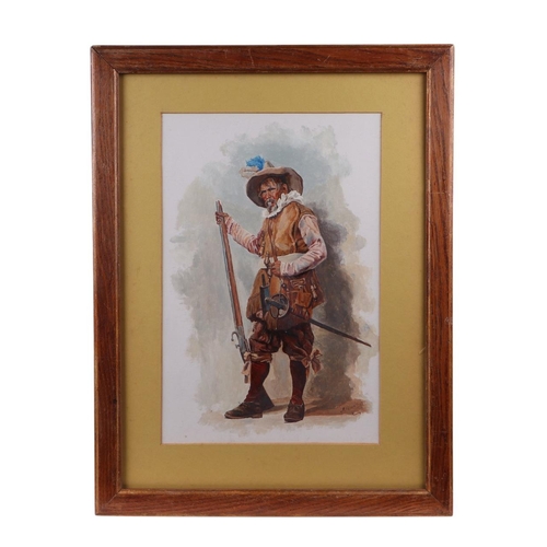 186 - J Norie - Study of a Cavalier - signed lower right, gouache, framed & glazed, 25 by 38cms.