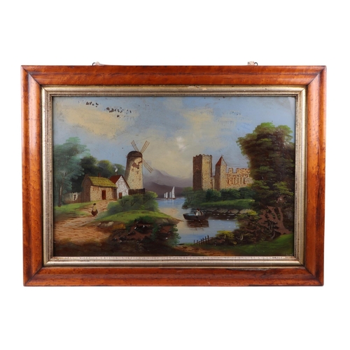 187 - 19th century school - a reverse painting on glass depicting a river landscape scene with windmill an... 