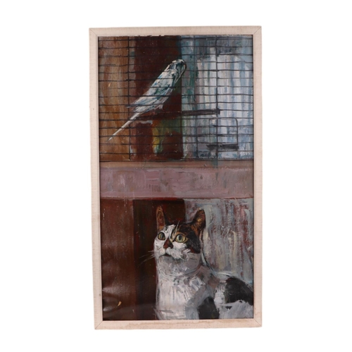 189 - 20th century school - Study of a Cat Watching a Budgerigar - indistinctly signed & dated '89 lower l... 