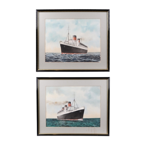 194 - Shipping interest:  Primrose (modern British) - RMS Queen Elizabeth - and - RMS Queen Mary - gouache... 