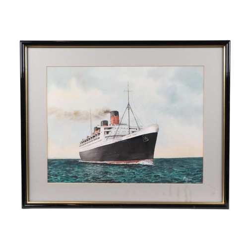 194 - Shipping interest:  Primrose (modern British) - RMS Queen Elizabeth - and - RMS Queen Mary - gouache... 