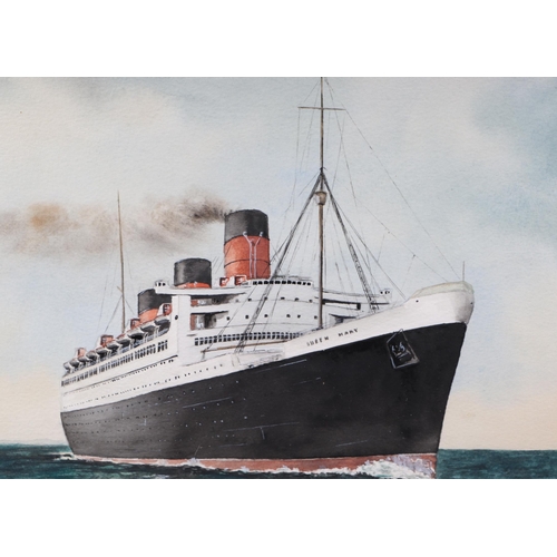 194 - Shipping interest:  Primrose (modern British) - RMS Queen Elizabeth - and - RMS Queen Mary - gouache... 