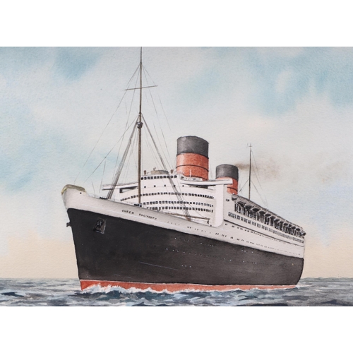 194 - Shipping interest:  Primrose (modern British) - RMS Queen Elizabeth - and - RMS Queen Mary - gouache... 