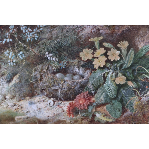 196 - R P Richards (1840-1877) - a still life painting depicting a birds nest and flowers, signed and date... 