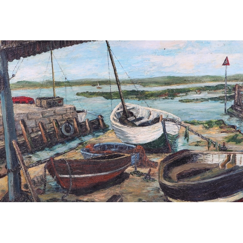 213 - Barbara Robinson (modern British) - Harbour Scene with Boats on the Foreshore - oil on board, signed... 