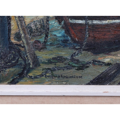 213 - Barbara Robinson (modern British) - Harbour Scene with Boats on the Foreshore - oil on board, signed... 