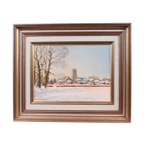 215 - William Burns RIBA, FSAI, FRSA (British 1923-2010) - Winter Scene - oil on board, 31 by 23cms, frame... 