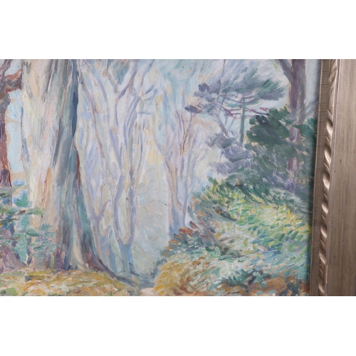 220 - Early 20th century English school - an Impressionist style woodland scene, oil on board, 47 by 70cms... 