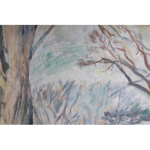 220 - Early 20th century English school - an Impressionist style woodland scene, oil on board, 47 by 70cms... 