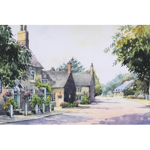 223 - Wendy Eldridge (modern British) -  Mid Summer Fotheringhay - street scene, watercolour, signed lower... 