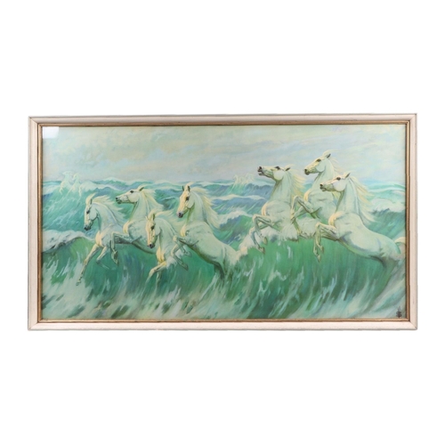 234 - Modern British - a coloured print depicting galloping horses in breaking waves, 80 by 42cms, framed ... 