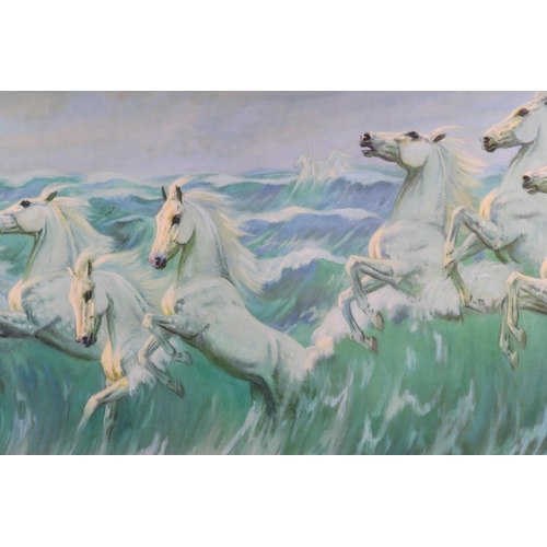 234 - Modern British - a coloured print depicting galloping horses in breaking waves, 80 by 42cms, framed ... 