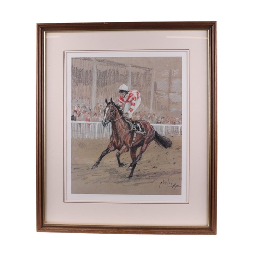 240 - Philip (modern British) - Lester Piggott up on a Paul Nichols Race Horse - pastel, signed & dated '9... 