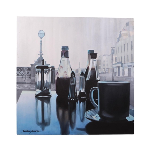 244 - Jonathan Stewardson (modern British)- Still Life of a Café Scene - signed lower left, 120 by 120cms,... 