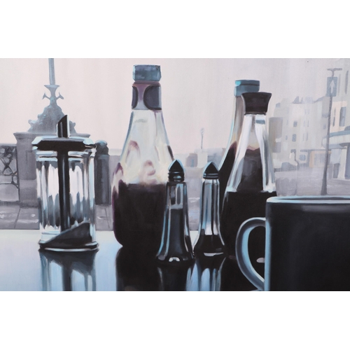 244 - Jonathan Stewardson (modern British)- Still Life of a Café Scene - signed lower left, 120 by 120cms,... 