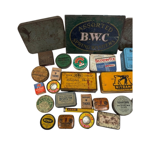 28 - A group of vintage advertising tins, mainly engineering related.