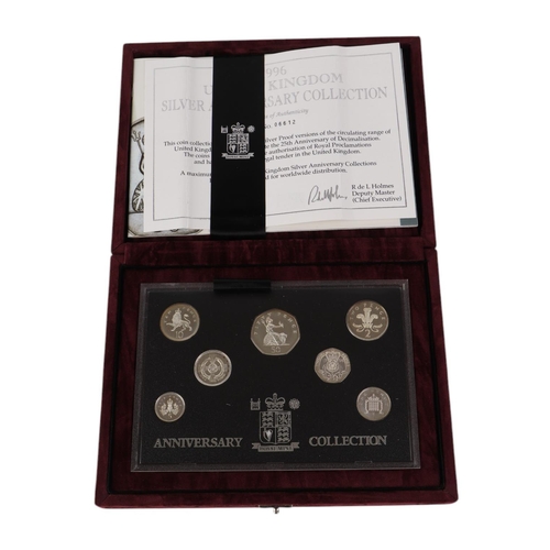 461 - A 1996 silver proof decimal coin anniversary set, cased with certificate of authenticity; together w... 