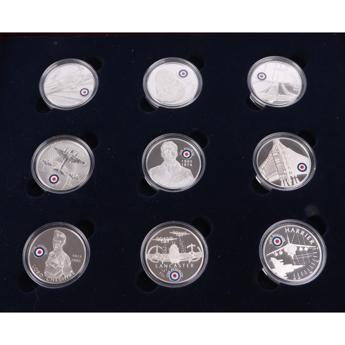 465 - Royal Mint History of RAF silver crowns, seventeen sterling silver proof coins, each with certificat... 