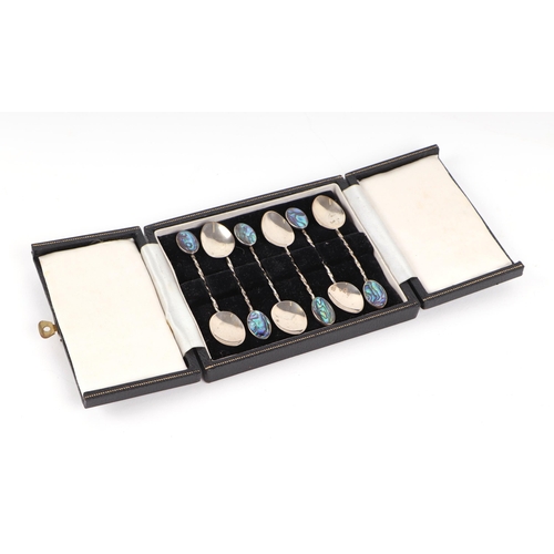 A set of six modern sterling silver coffee spoons with abalone shell ...