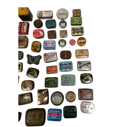 65 - A large quantity of small vintage advertising tins, mostly gramophone needles and snuff tins.