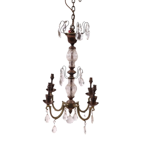 1003 - A four-branch brass and copper ceiling light with prismatic drops, 53cms high; together with a circu... 