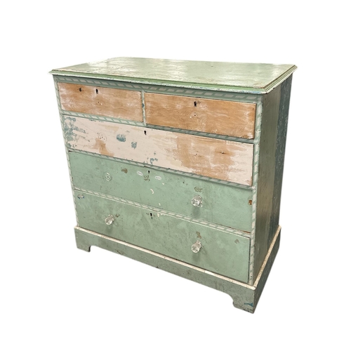 1017 - A Victorian painted pine chest of two short and three graduated long drawers, on a plinth base, 100c... 