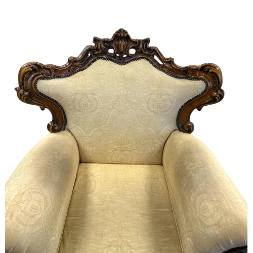 1090 - A continental carved walnut and upholstered three-piece suite in the French taste, each piece with s... 