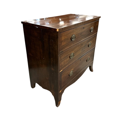 1114 - An early 19th century mahogany chest of three graduated long drawers, on splayed bracket feet, 91cms... 