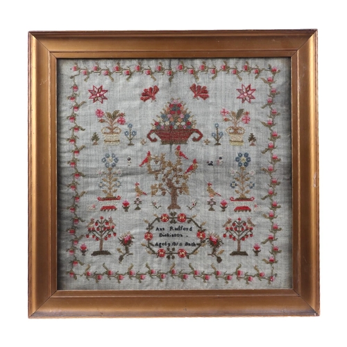 158 - A George III sampler by Ann Radford Dickinson, dated 1816, worked in colours with vases of flowers a... 