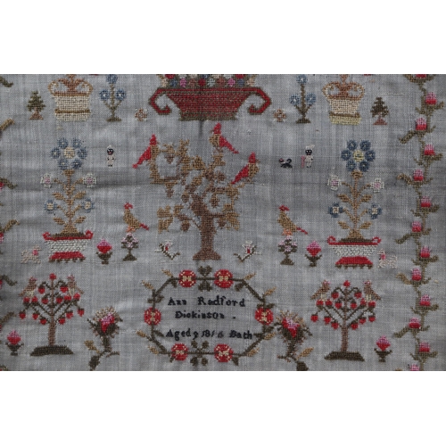 158 - A George III sampler by Ann Radford Dickinson, dated 1816, worked in colours with vases of flowers a... 