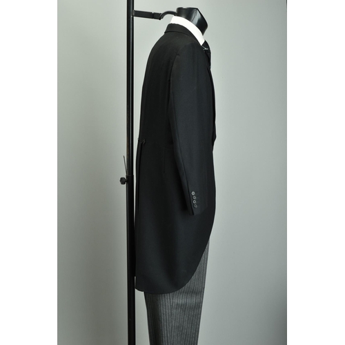 216 - Morning Dress.  A large gentleman's tailcoat waistcoat & striped trousers (ref: XFP).