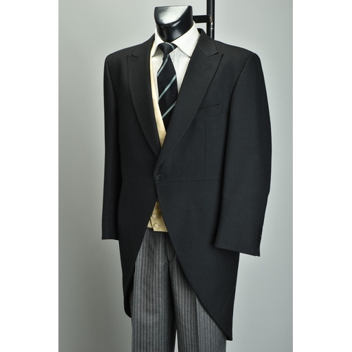 216 - Morning Dress.  A large gentleman's tailcoat waistcoat & striped trousers (ref: XFP).