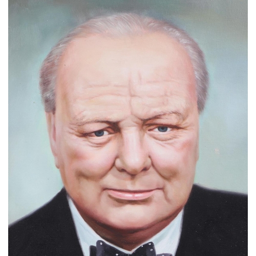 270 - Rory Mamus (?) - Portrait of Sir Winston Churchill - signed lower right, oil on board, framed, 40 by... 