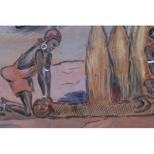 275 - African school - Tribal Figures on a Riverbank - indistinctly signed 'Maria Unlowsk .. (?) and dated... 