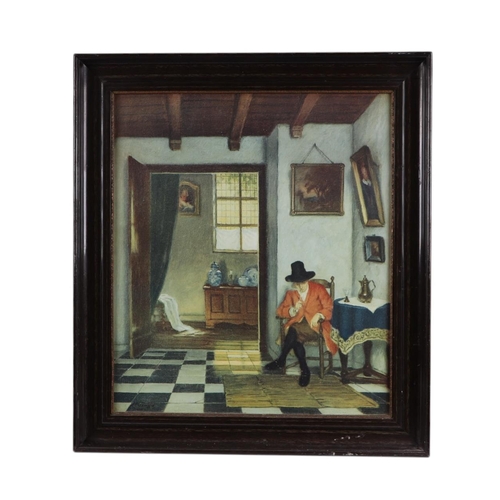 285 - After Vermeer - a pair of Dutch interior scenes, coloured prints, each approx 58 by 31cms, both fram... 