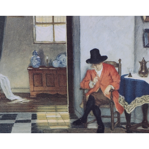 285 - After Vermeer - a pair of Dutch interior scenes, coloured prints, each approx 58 by 31cms, both fram... 