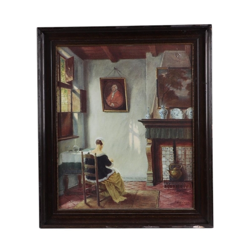 285 - After Vermeer - a pair of Dutch interior scenes, coloured prints, each approx 58 by 31cms, both fram... 