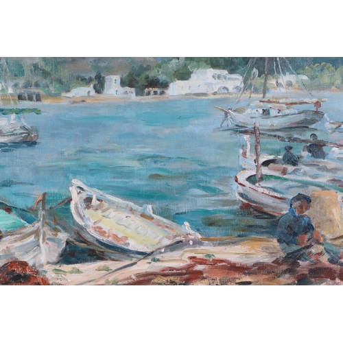 292 - J McCulloch - Fishermen Mending Nets by Small Rowing Boats - initialled lower right, oil on canvas, ... 