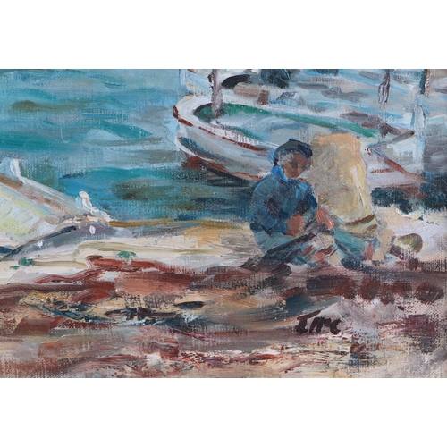 292 - J McCulloch - Fishermen Mending Nets by Small Rowing Boats - initialled lower right, oil on canvas, ... 