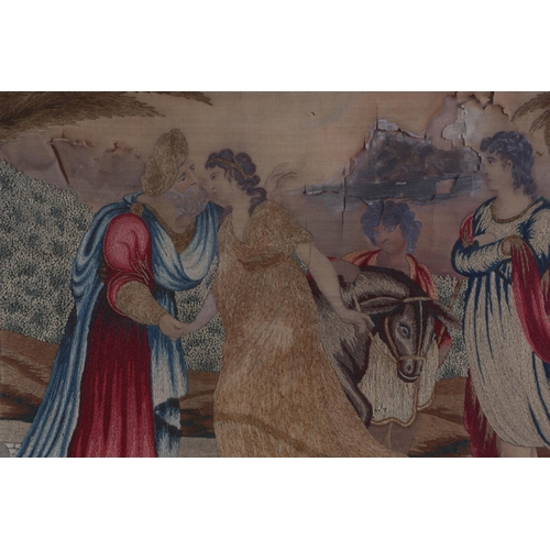 343 - A Victorian silk needlepoint panel depicting a classical scene, 60 by 42cms, framed & glazed.