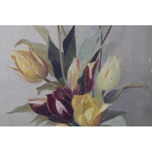 344 - Victorian school - Study of Tulips - and another of lilies and reeds, both oil on board, both indist... 