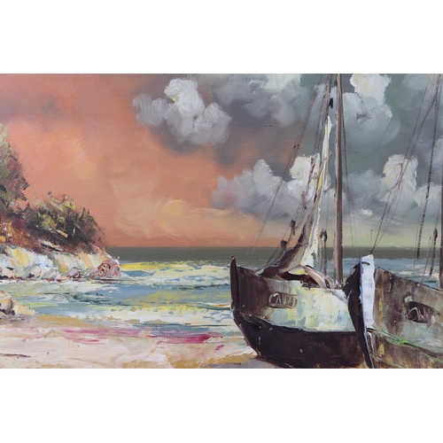 345 - Modern British - Seascape with fishing Boats on the foreshore and Sailing Boats in the Distance - oi... 