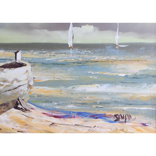 345 - Modern British - Seascape with fishing Boats on the foreshore and Sailing Boats in the Distance - oi... 