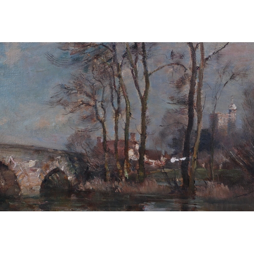 346 - James Herbert Snell (1861-1935) - River Scene with Bridge and Church in the Distance - oil on canvas... 