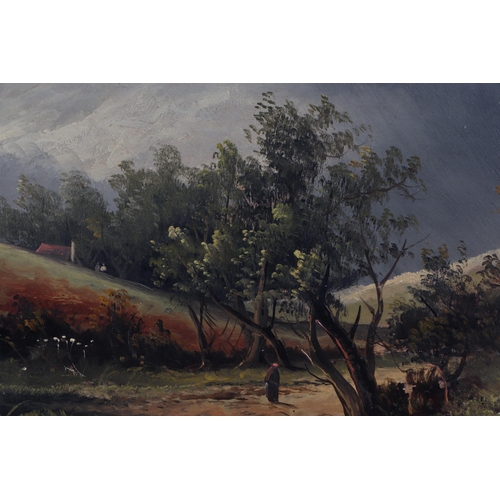 347 - Victorian style - Landscape with Figures in the Foreground - oil on board, 43 by 24cms, framed.