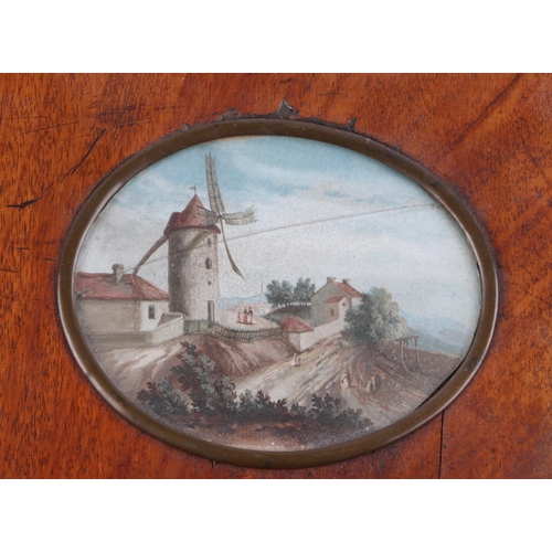 378 - 19th century continental school - Windmill and Figures - glazed and in a mahogany mount, 12 by 9.5cm... 