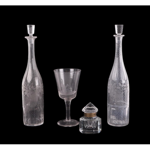 388 - A pair of 19th century etched glass decanters and stoppers, 36cms high; together with a glass sulphi... 