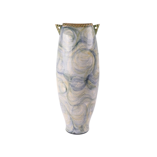 410 - Adrian Brough, Studio pottery vase decorated with two carp amongst weeds, 56cms high.