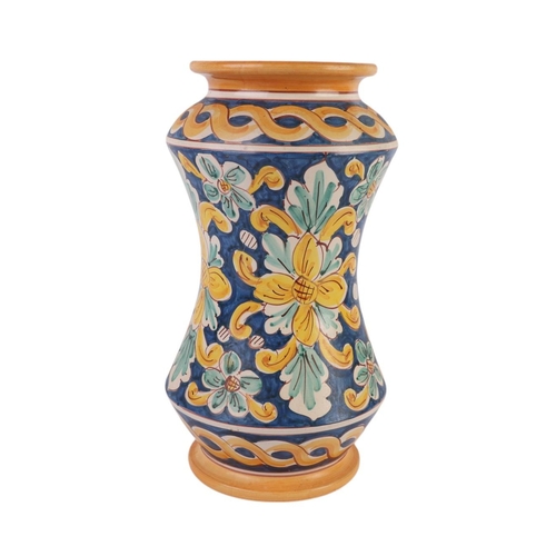 416 - A continental faience wine or water carrier; together with an arbarello of waisted form, decorated w... 