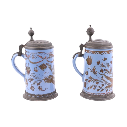 445 - An early 19th century German faience stein with hinged pewter lid with engraved date 1813, decorated... 